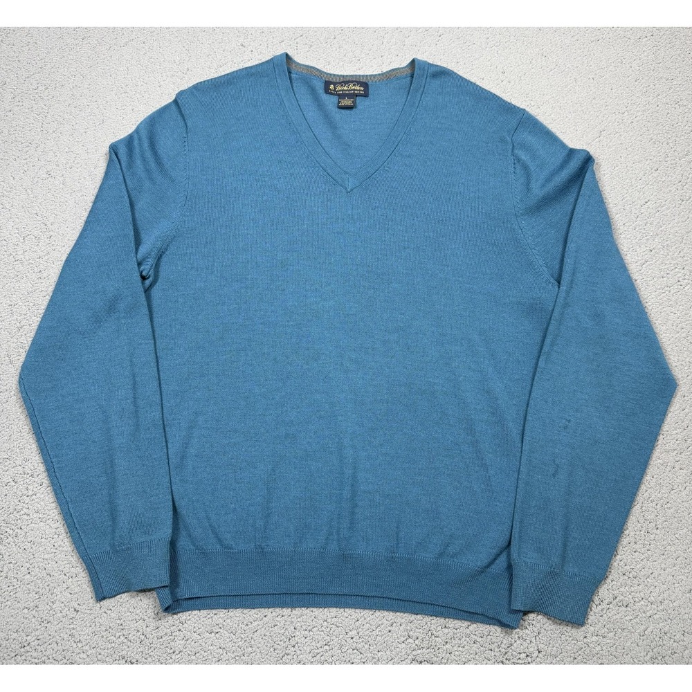 Brooks Brothers Merino Wool Sweater Mens Large Blue V Neck Knit Pullover